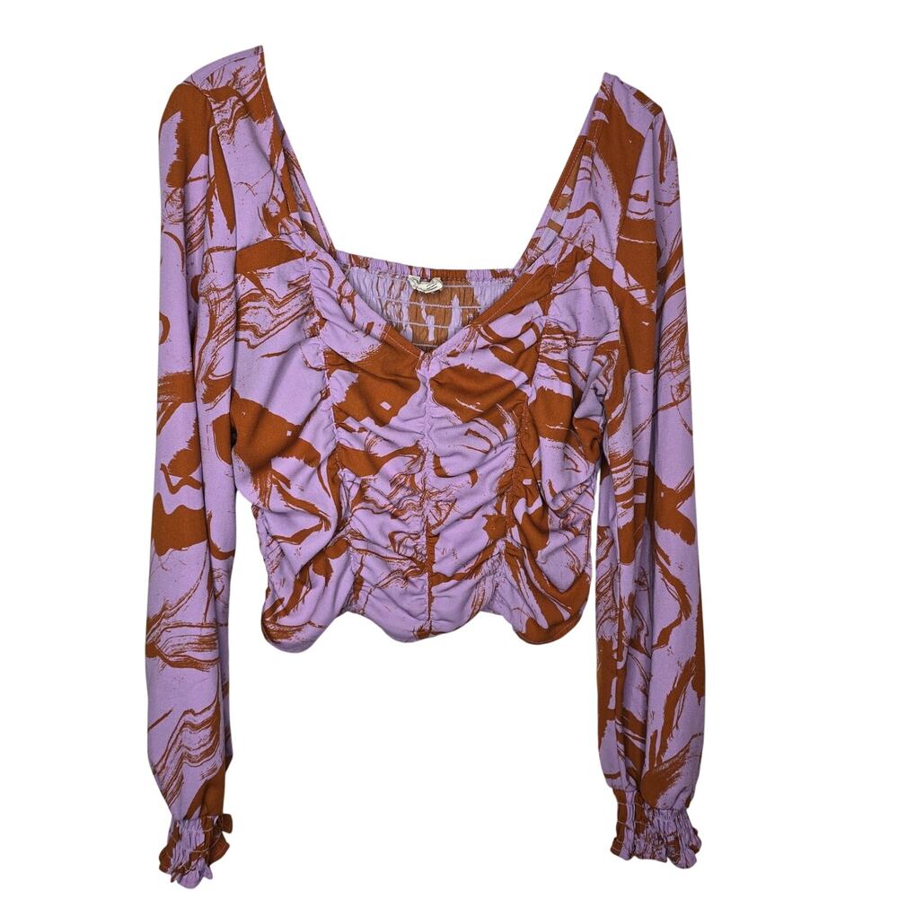 Open Edit Lavender Rust-Brown Abstract Floral Print Ruched Crop Top Size Large